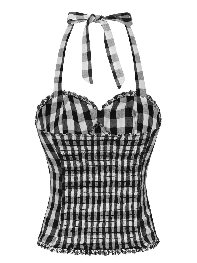 2PCS Schwarz 1950er Plaid Halter Top & Schirmrock