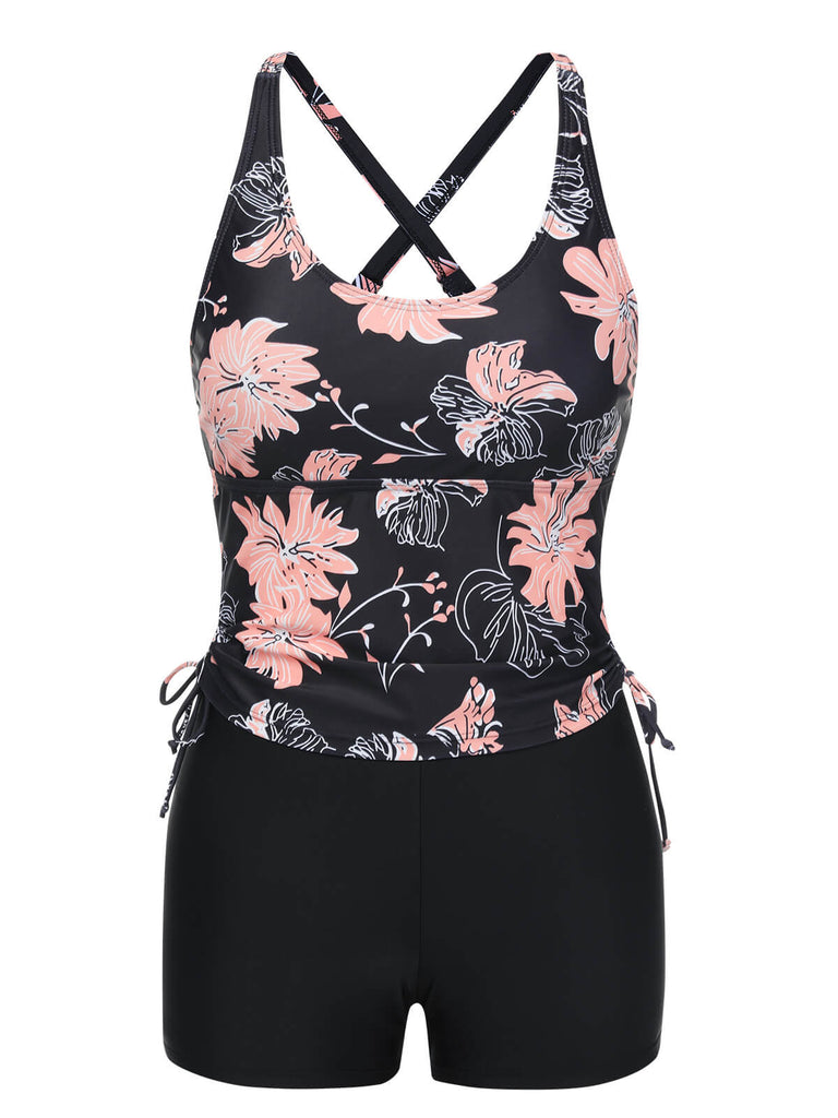 1930er Rosa Blumen Schnürung Tankini