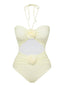 Beige 1930er 3D-Blumen Halter Einteiliger Badeanzug