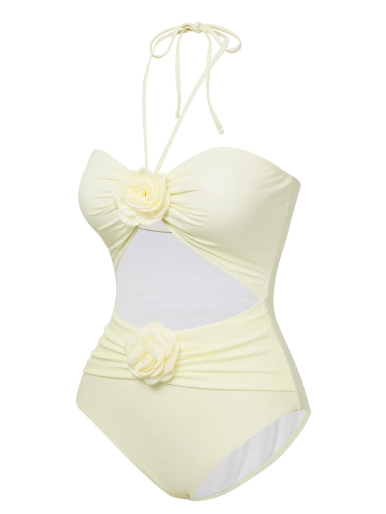 Beige 1930er 3D-Blumen Halter Einteiliger Badeanzug