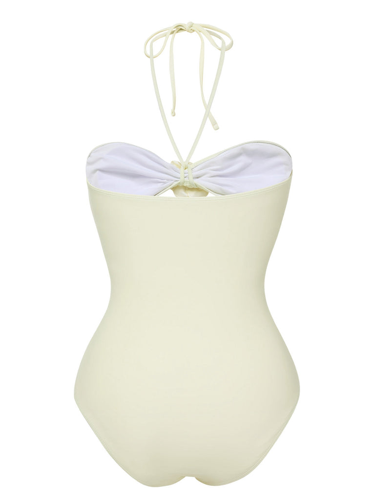 Beige 1930er 3D-Blumen Halter Einteiliger Badeanzug