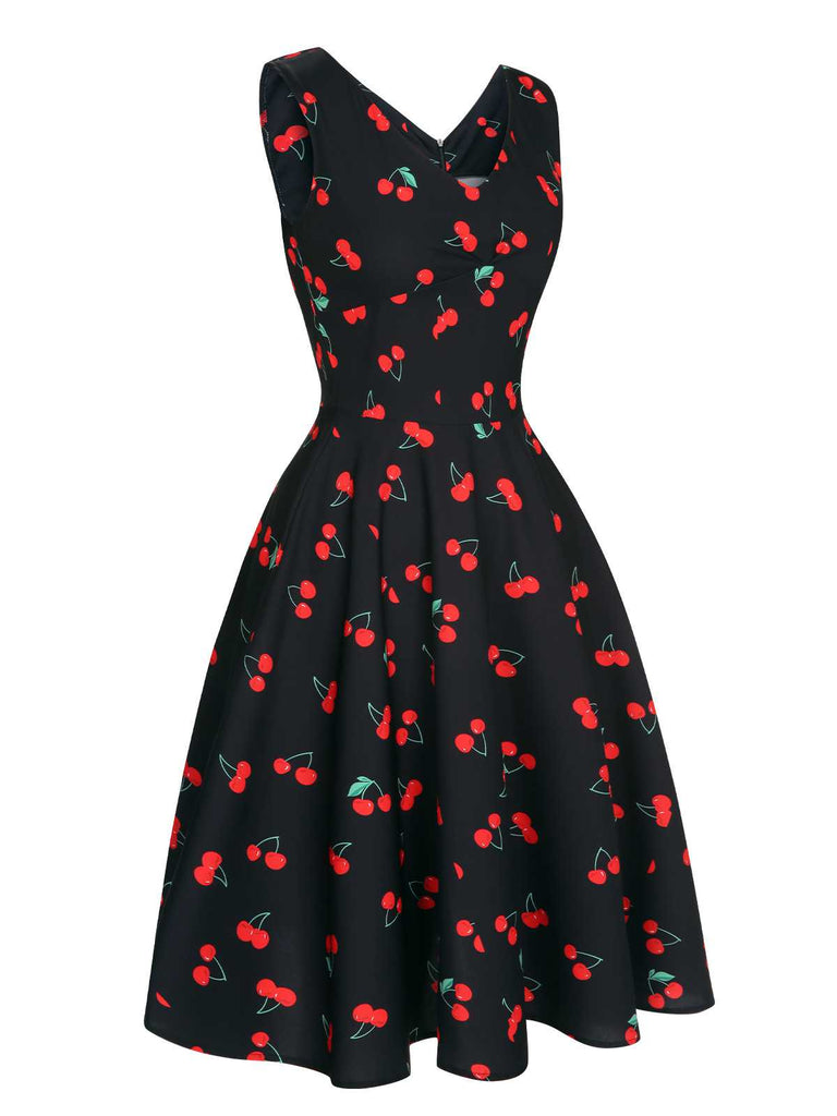 Schwarz 1950er Kirsche Ärmelloses Kleid