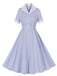 Hellblau 1950er Plaid Gürtel Revers Kleid