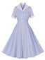 Hellblau 1950er Plaid Gürtel Revers Kleid