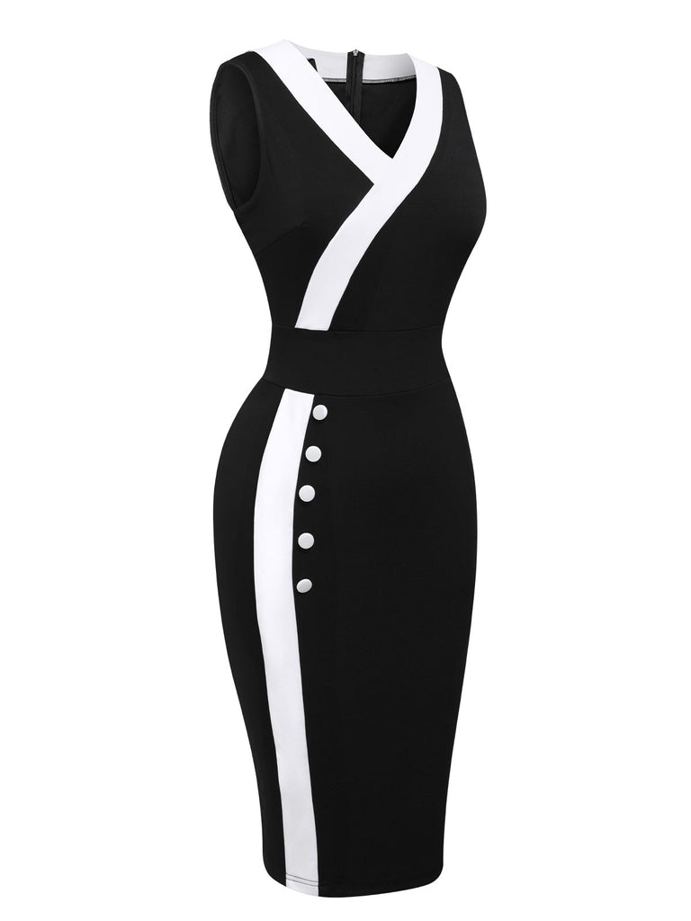 Schwarz & Weiß 1960er Knöpfen V-Ausschnitt Patchwork Kleid