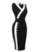Schwarz & Weiß 1960er Knöpfen V-Ausschnitt Patchwork Kleid