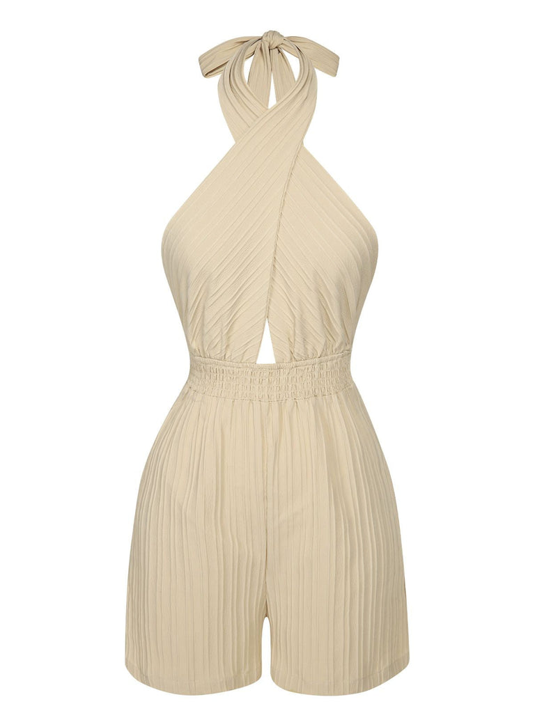 Beige 1950er Texturfalten Kreuzen Halter Romper