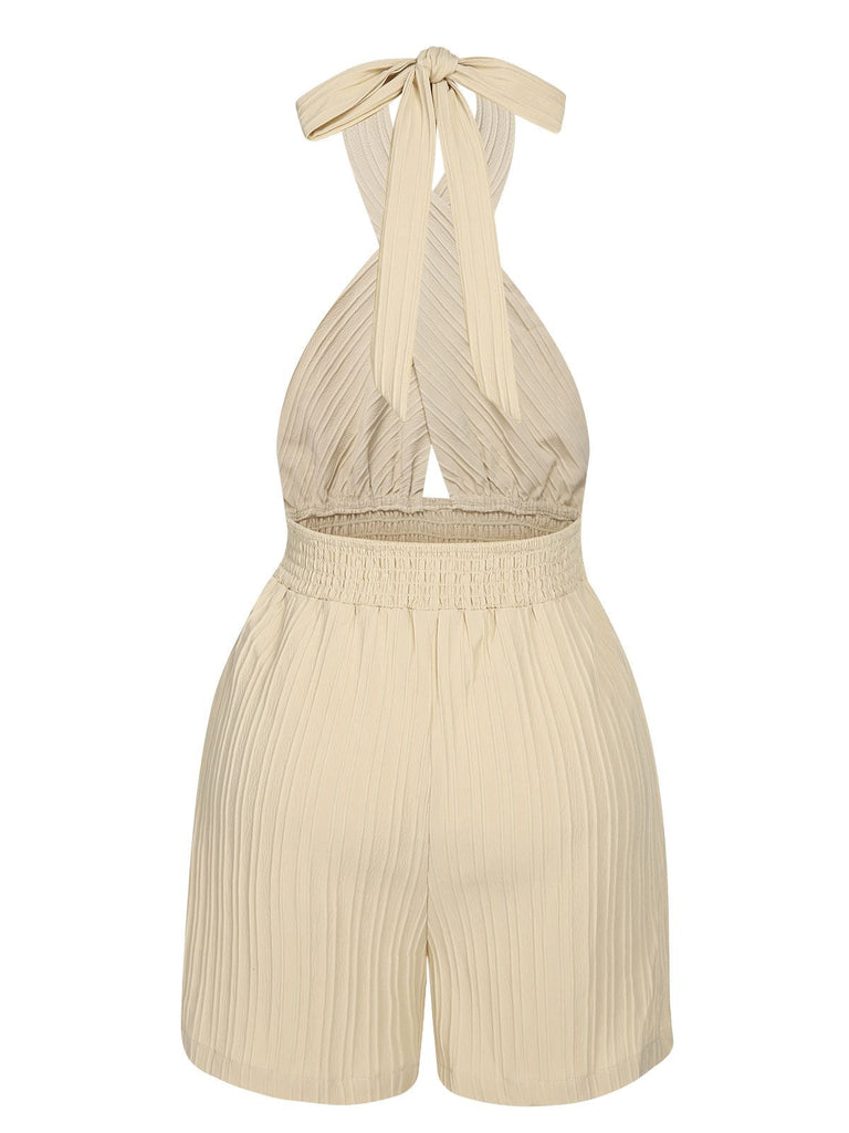 Beige 1950er Texturfalten Kreuzen Halter Romper