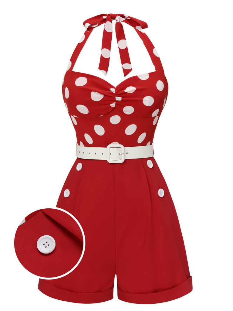 Rot 1950er Polka Dots Patchwork Halter Romper