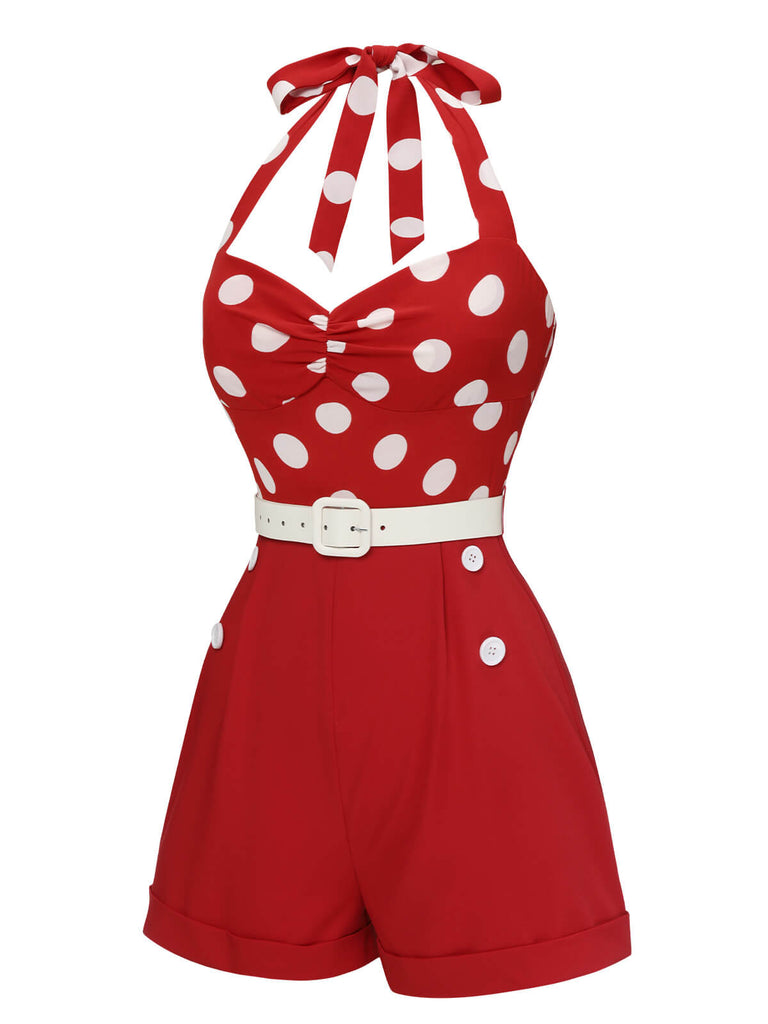 Rot 1950er Polka Dots Patchwork Halter Romper