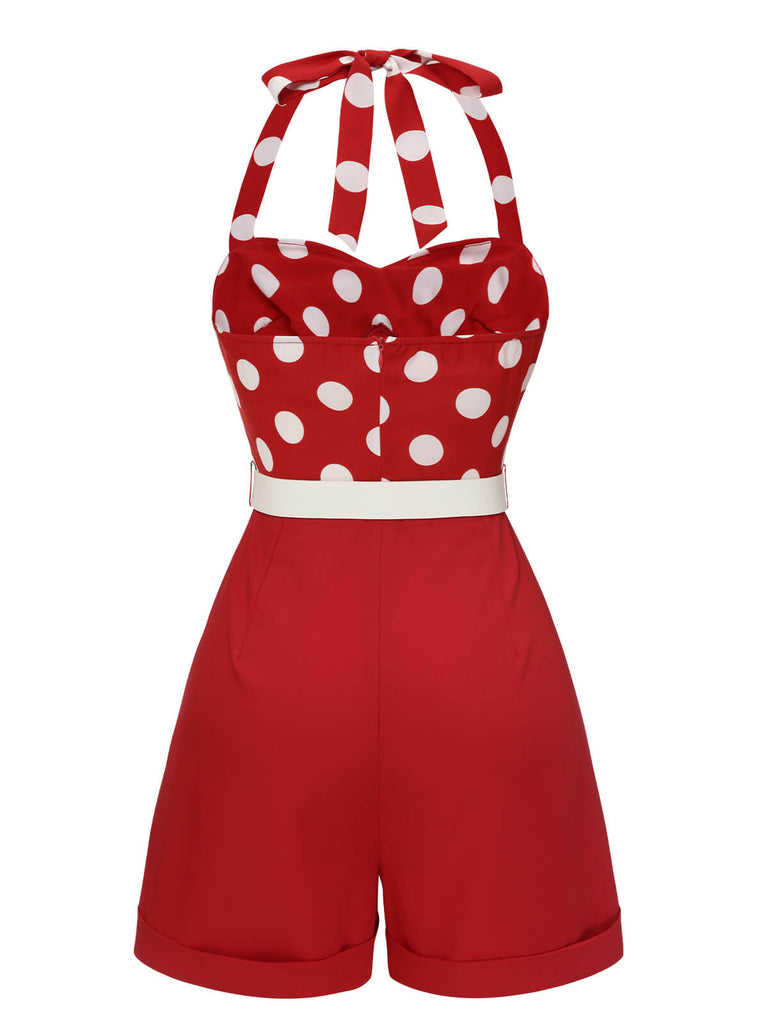 Rot 1950er Polka Dots Patchwork Halter Romper