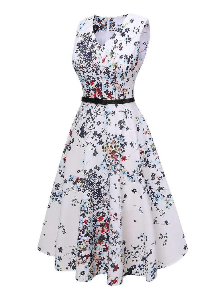 Weiß 1940er V-Ausschnitt Blumen Ärmelloses Kleid mit Gürtel