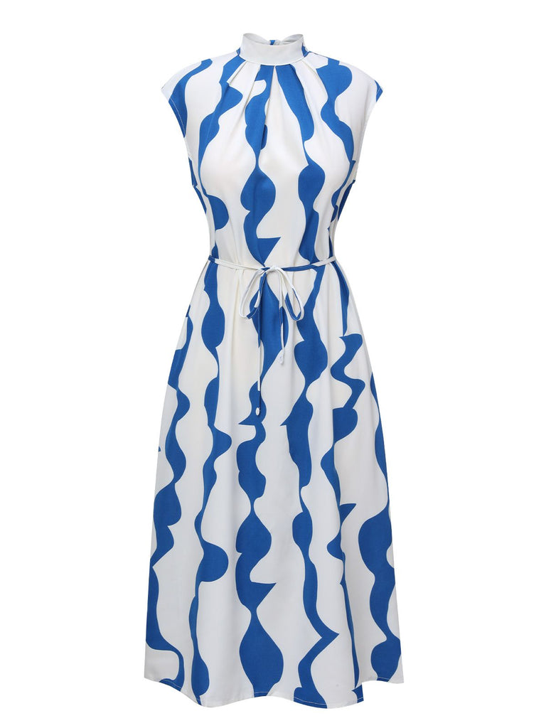Blau & Weiß 1940er Curves Stehkragen Gürtel Kleid
