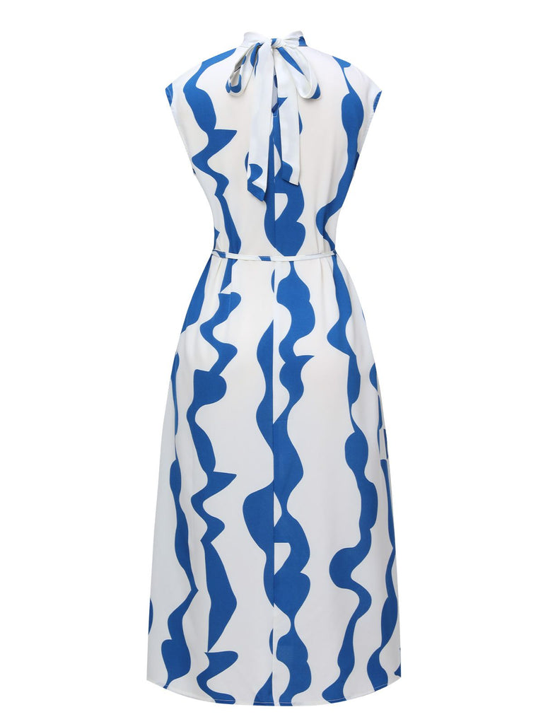 Blau & Weiß 1940er Curves Stehkragen Gürtel Kleid