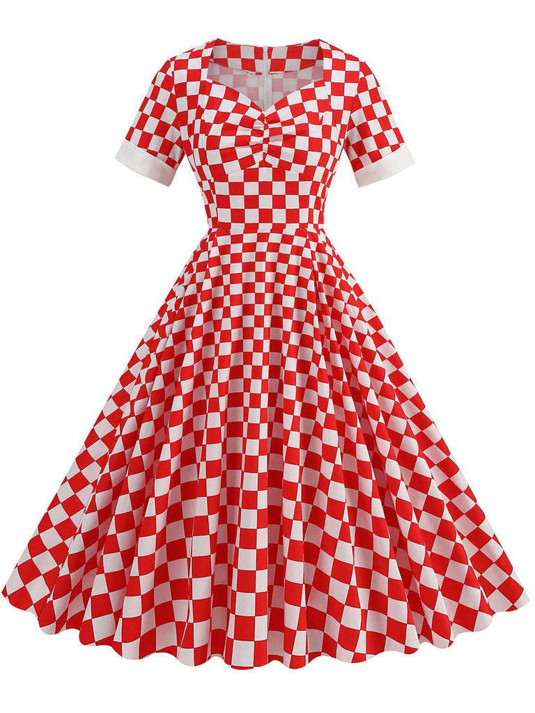 Rot 1950er Sweetheart-Kragen Plaids Kleid