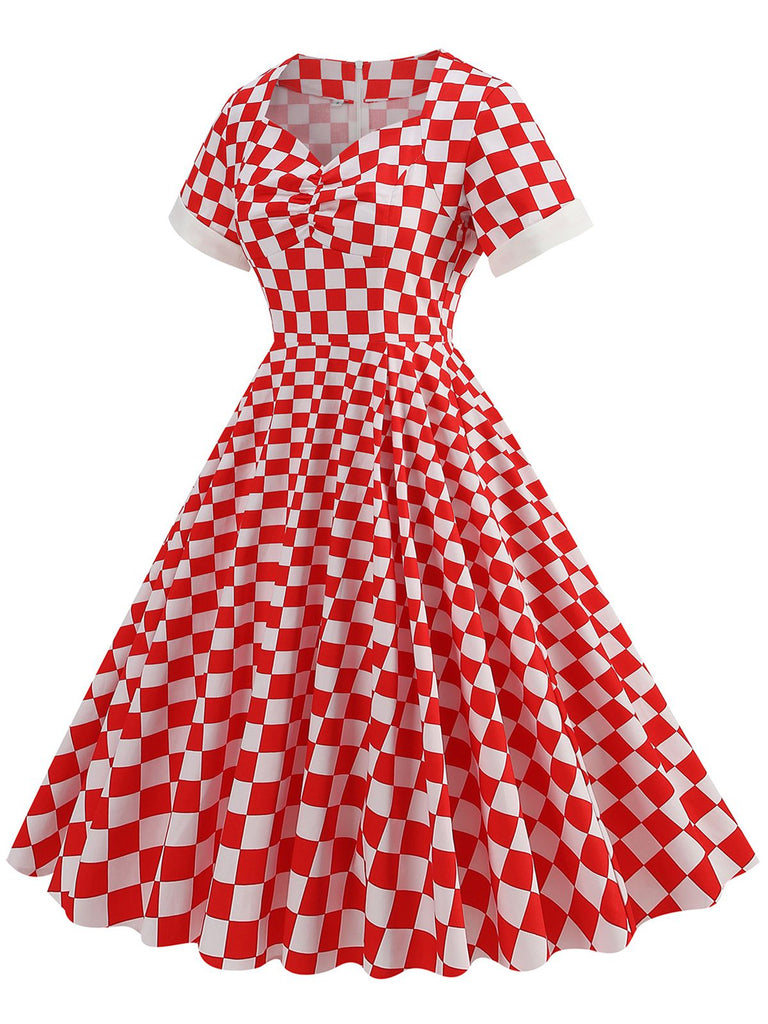 Rot 1950er Sweetheart-Kragen Plaids Kleid