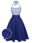 Blau 1940er Streifen Patchwork Halter Kleid