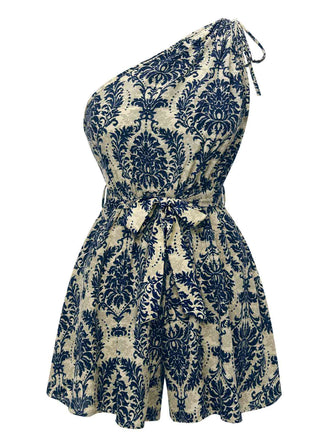 Blau 1950er Blumen Print Eine Schulter Romper