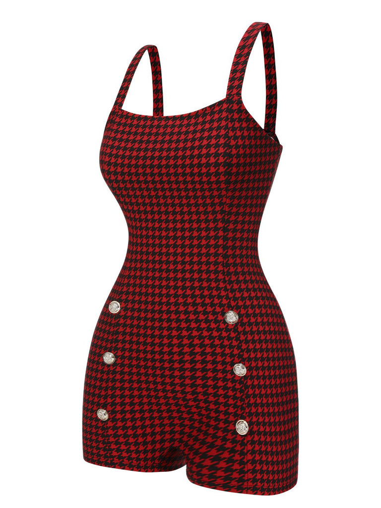 Rot 1950er Spaghetti Träger Knöpfen Plaids Romper