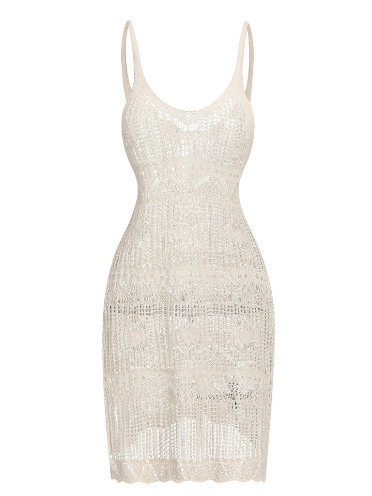 Beige 1960er Hollow Crochet Strap Cover-Up