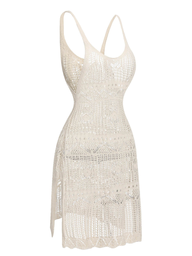 Beige 1960er Hollow Crochet Strap Cover-Up