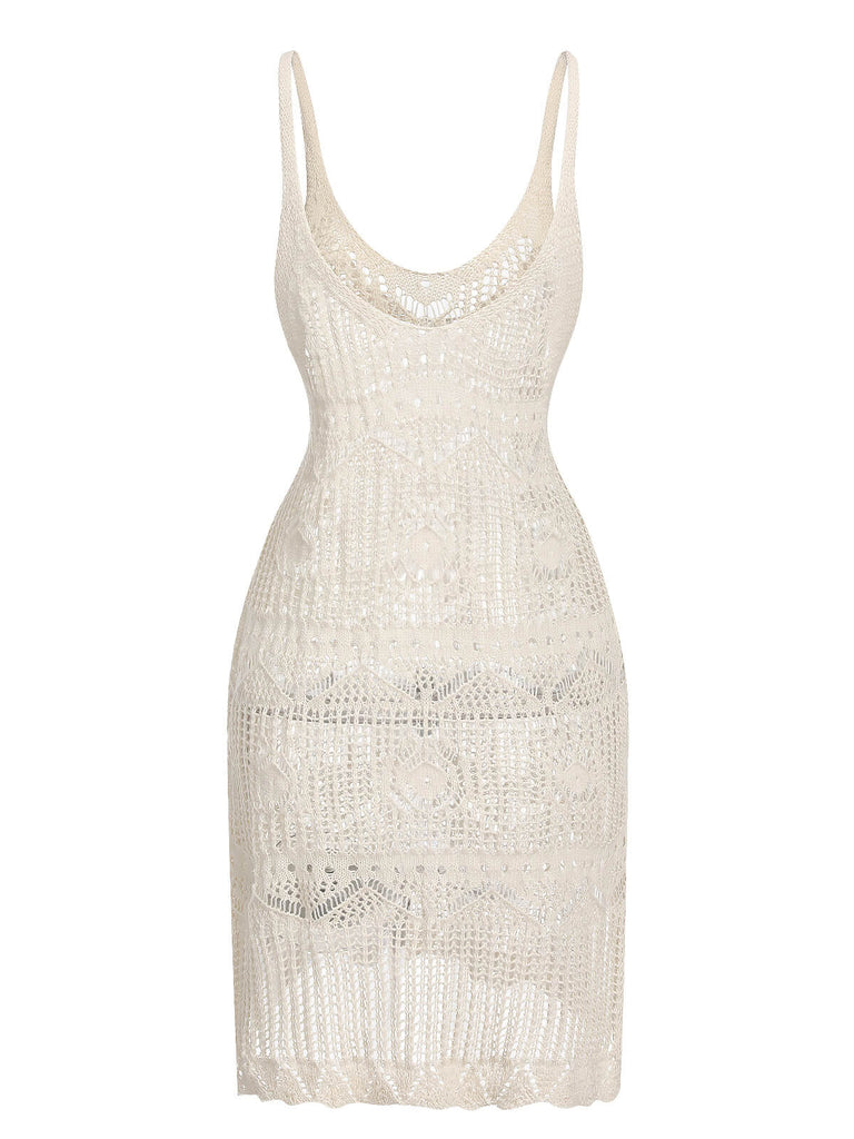 Beige 1960er Hollow Crochet Strap Cover-Up