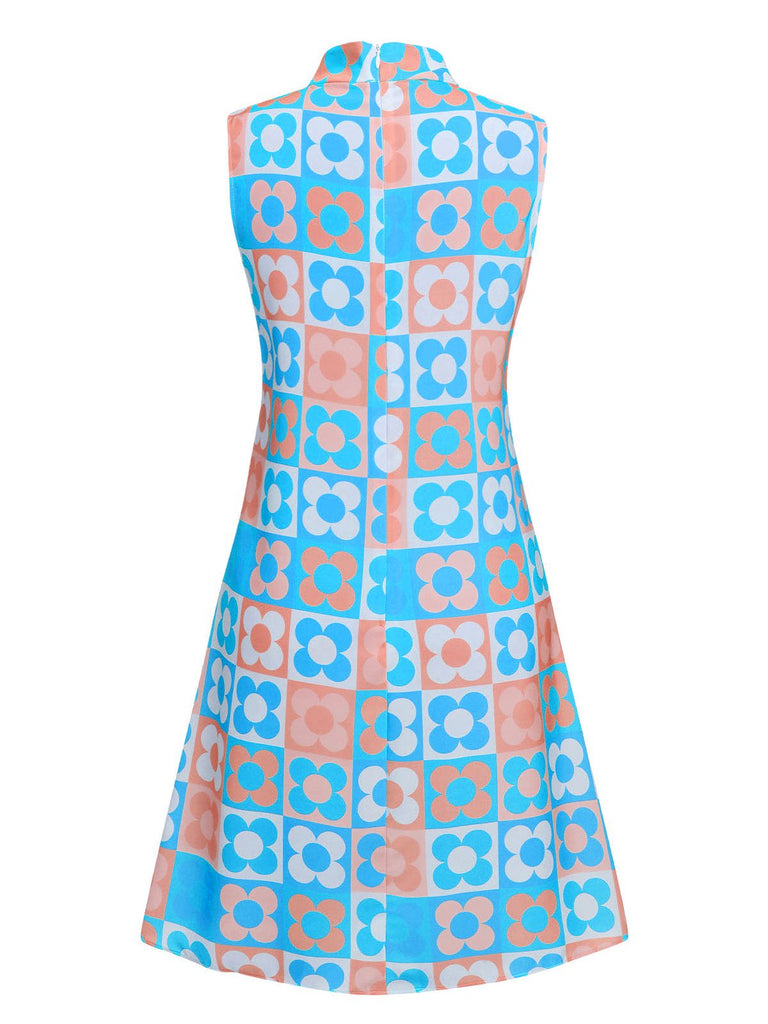 Blau 1960er Blume Stehkragen Kleid