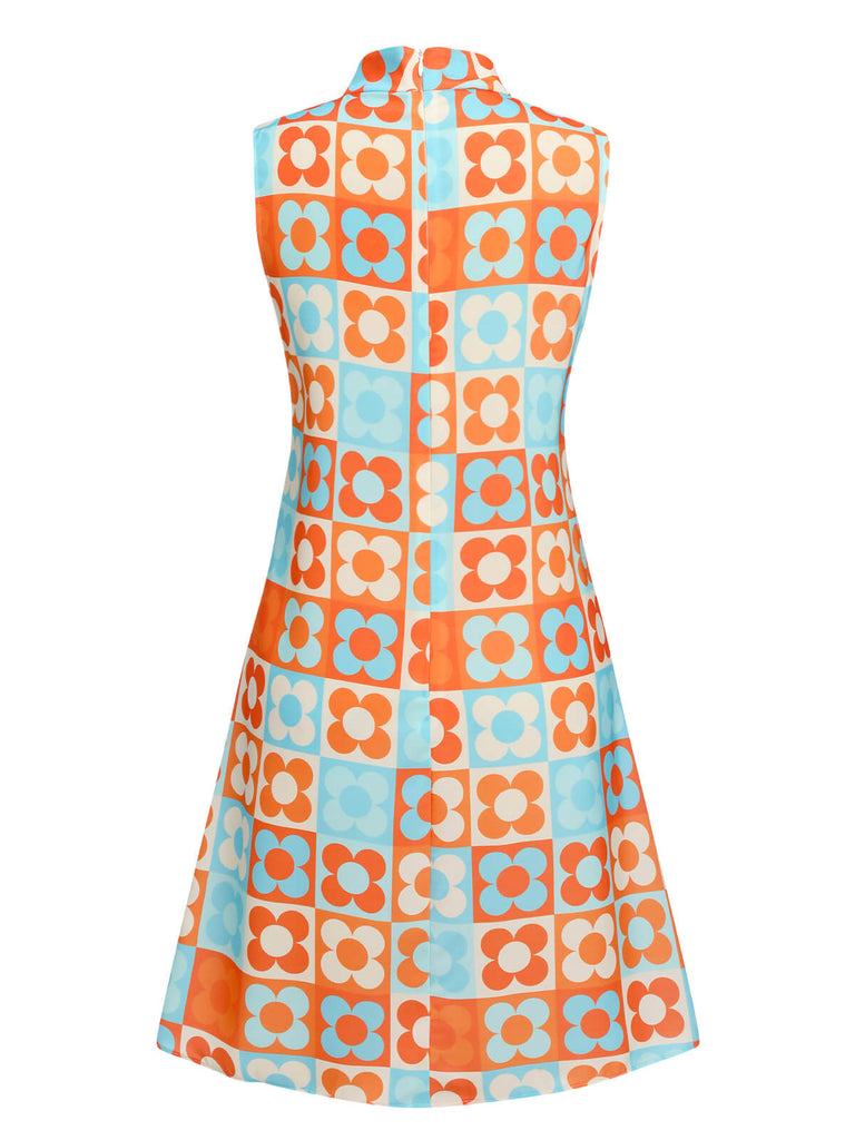 [Vorverkauf] Orange & Blau 1960er Blume Stehkragen Kleid