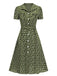 Grün 1950er Revers Blümchen Kleid mit Knöpfen