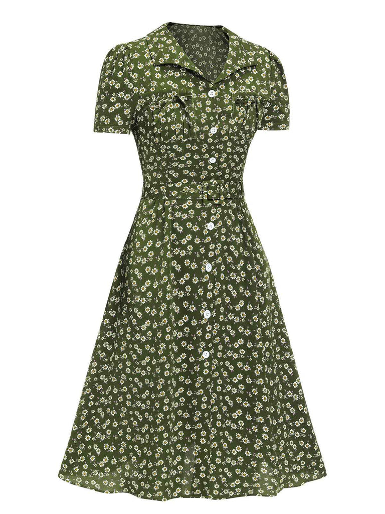 Grün 1950er Revers Blümchen Kleid mit Knöpfen