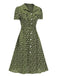 Grün 1950er Revers Blümchen Kleid mit Knöpfen