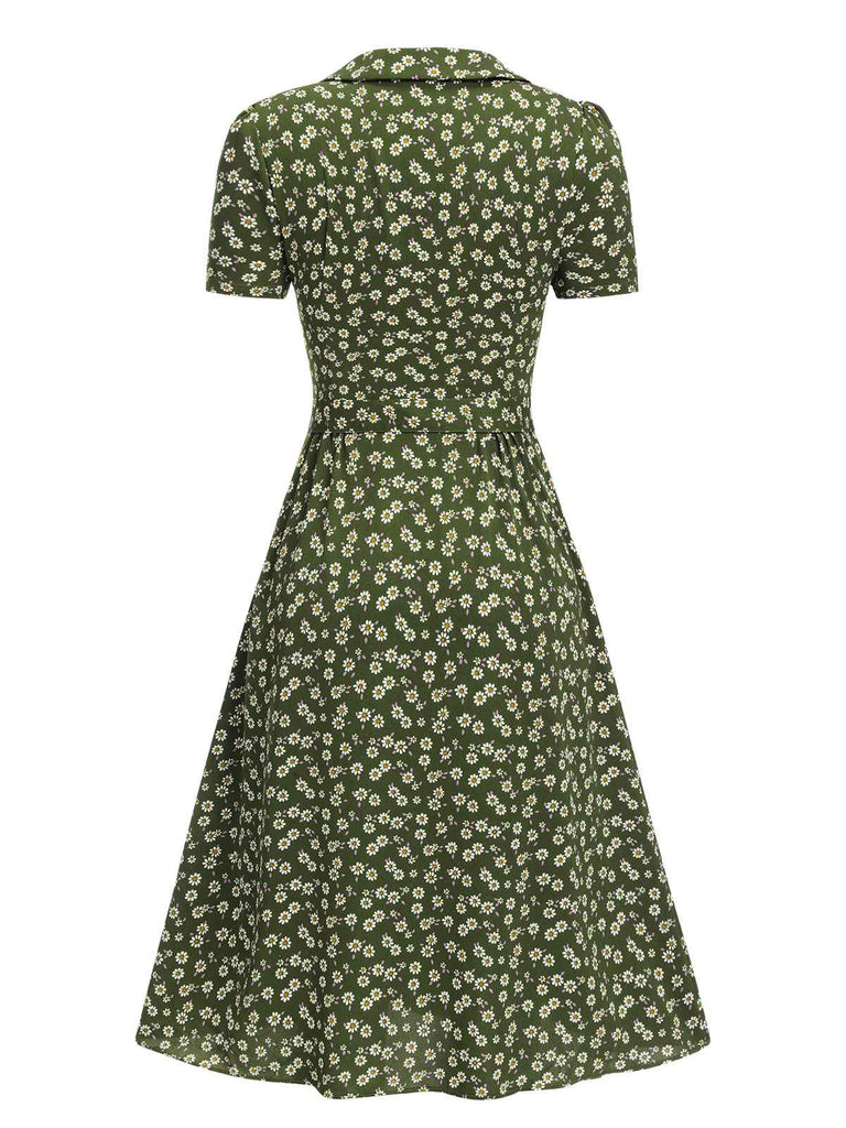 Grün 1950er Revers Blümchen Kleid mit Knöpfen