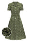 Grün 1950er Revers Blümchen Kleid mit Knöpfen