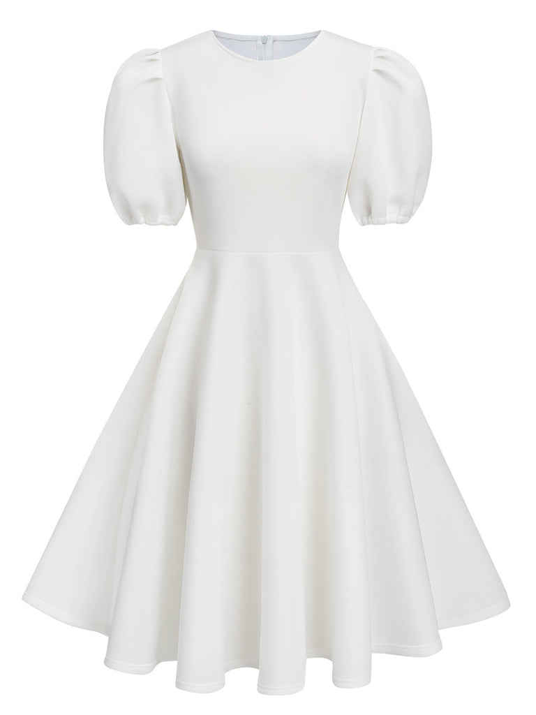 1950er Rundhals Puffärmel A-Line Kleid