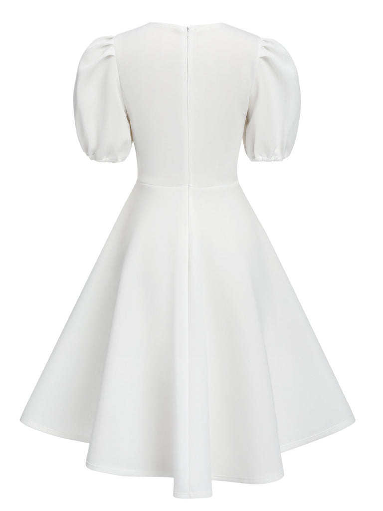 1950er Rundhals Puffärmel A-Line Kleid