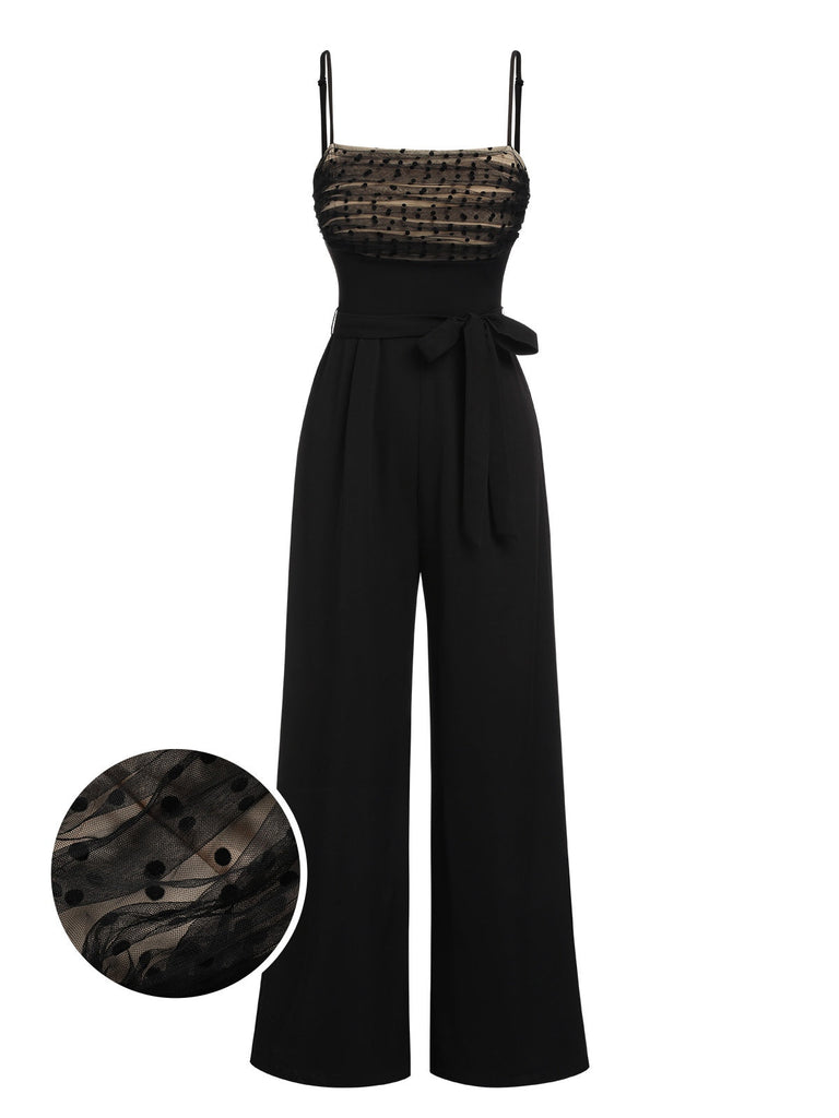 Schwarz 1930er Polka Dots Masche Spaghetti Träger Jumpsuit