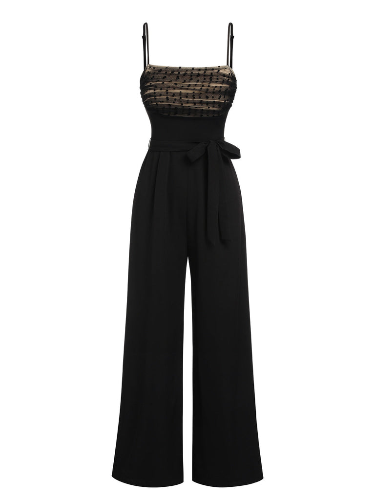 Schwarz 1930er Polka Dots Masche Spaghetti Träger Jumpsuit