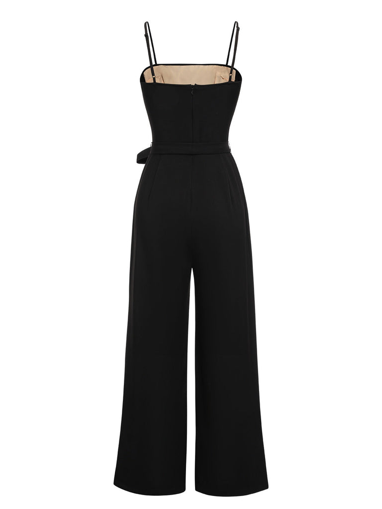 Schwarz 1930er Polka Dots Masche Spaghetti Träger Jumpsuit