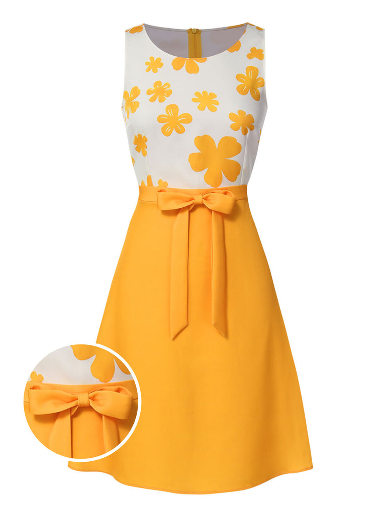 Gelb 1960er Blumen Bogen Ärmellos Kleid