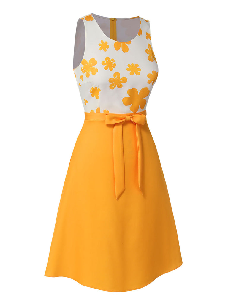 Gelb 1960er Blumen Bogen Ärmellos Kleid