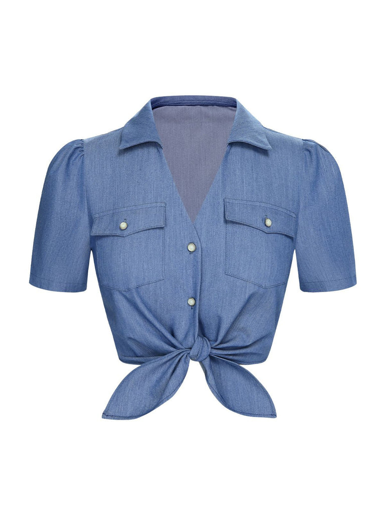 [Vorverkauf] Blau 1950er Solide Reversbluse mit Taillenschnürung