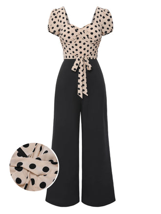 Beige 1930er Polka Dots Herzförmiger Hals Jumpsuit