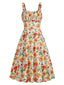 1950er Botanischer Druck Gurt Hoher Taille Kleid