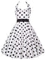 Weiß 1950er Halter Kontrast Polka Dots Kleid mit Gürtel