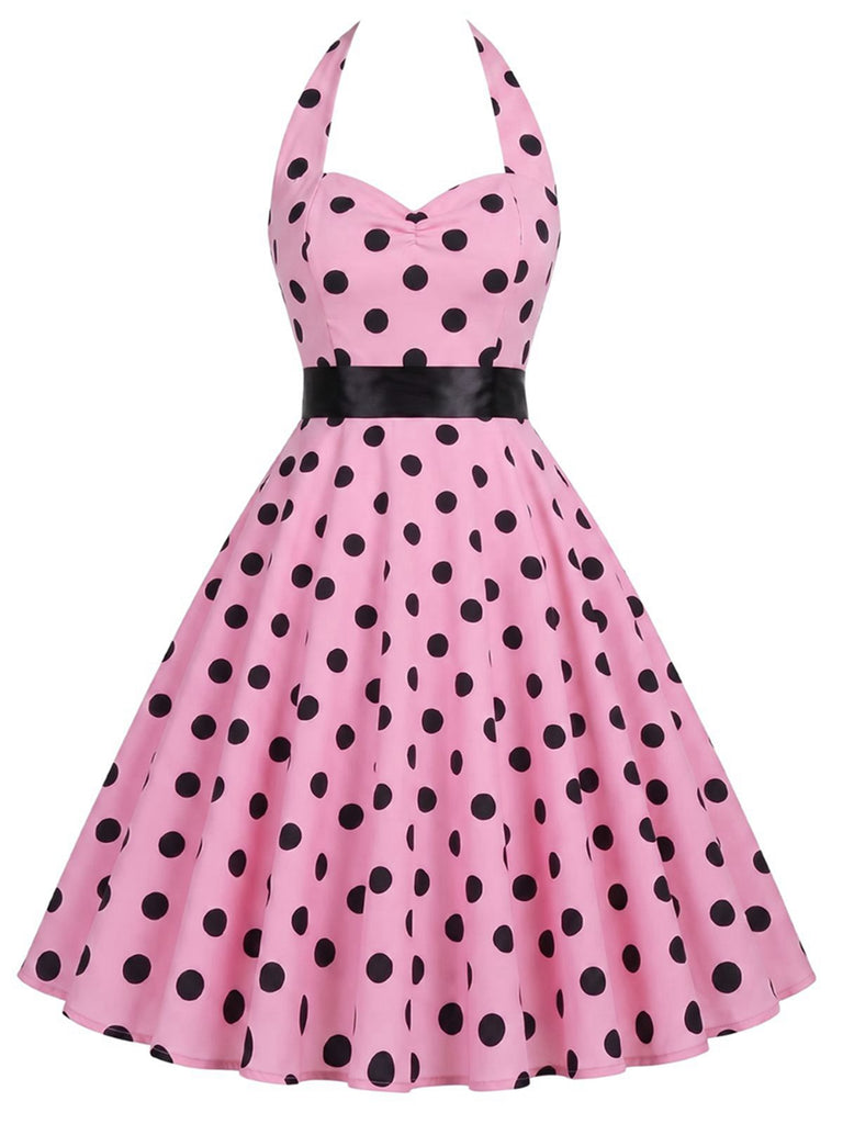 Rosa 1950er Halter Kontrast Polka Dots Kleid mit Gürtel