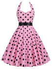 Rosa 1950er Halter Kontrast Polka Dots Kleid mit Gürtel