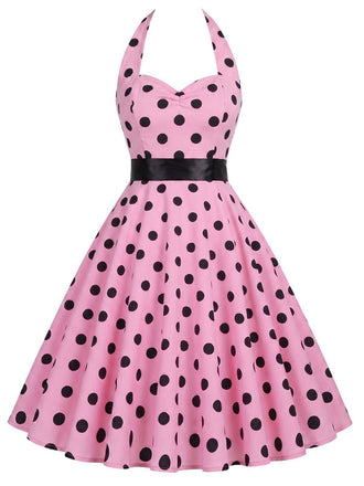 Rosa 1950er Halter Kontrast Polka Dots Kleid mit Gürtel