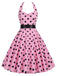 Rosa 1950er Halter Kontrast Polka Dots Kleid mit Gürtel