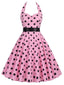 Rosa 1950er Halter Kontrast Polka Dots Kleid mit Gürtel