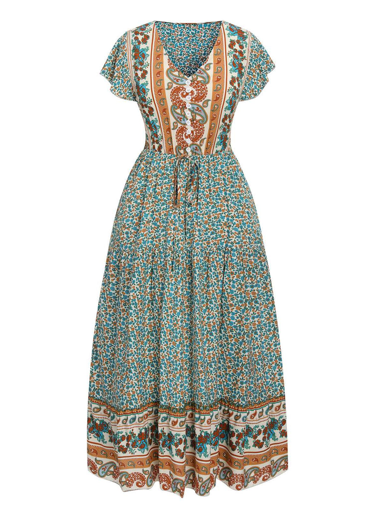 Grün 1940er Flügelärmel Bohemien Kleid